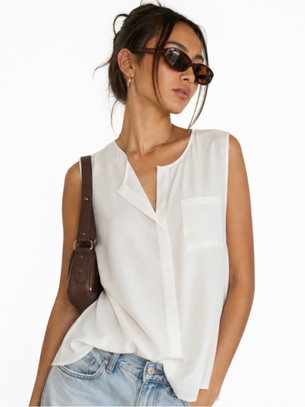 FOREVER 21 IVORY GRAY CHIFFON KNIT TANK L